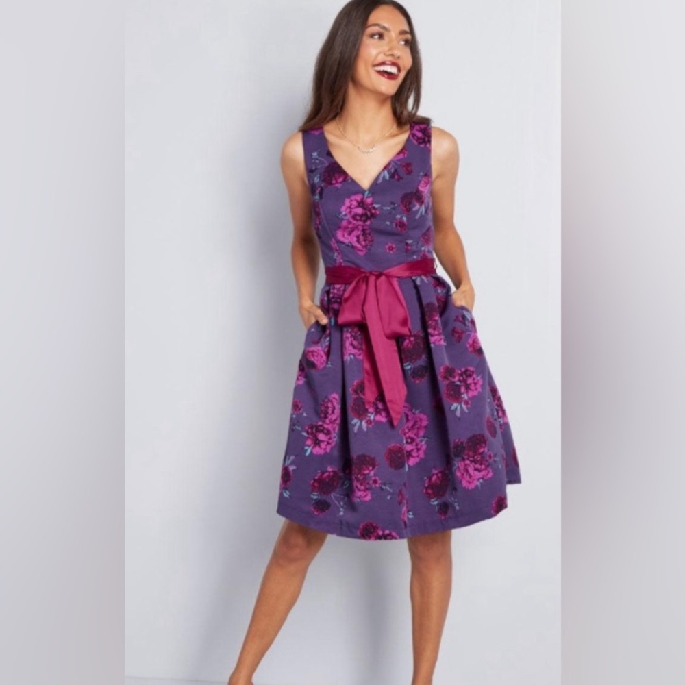 Modcloth Purple and Pink Floral Midi Dress